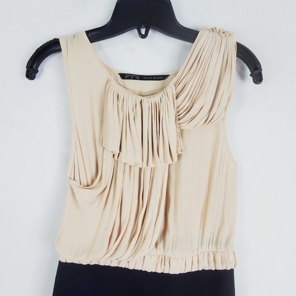 Zara Two Tone Dress w Draped Bodice Small Bone Black - Picture 4 of 5